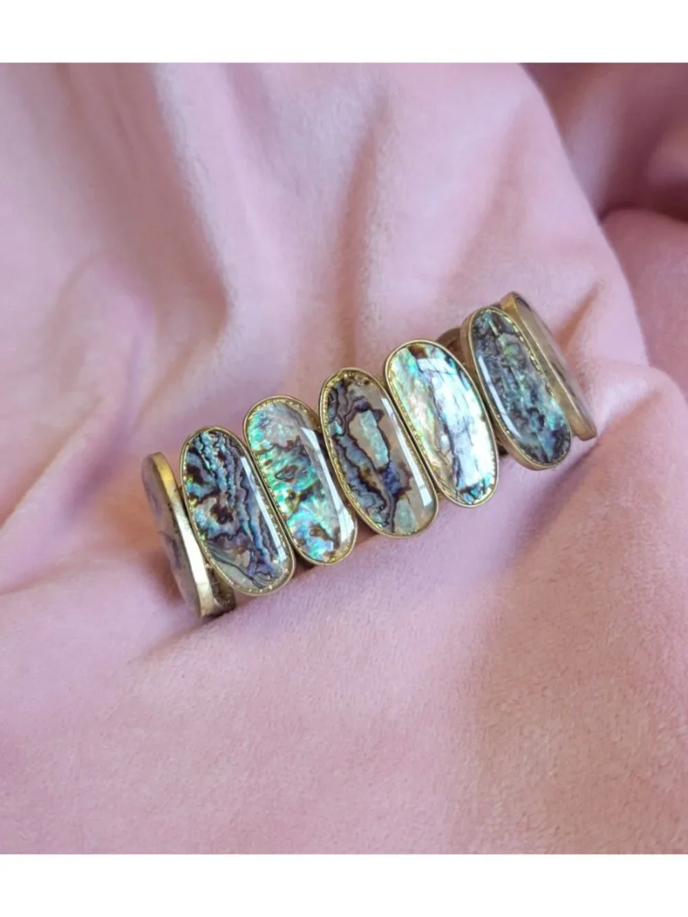 Signed Rosa Flores Gold Tone Blue Abalone Shell Stretchy Statement Bracelet B1A